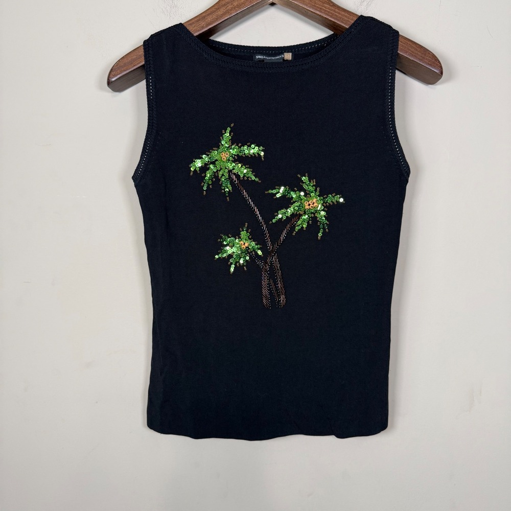 Sweaterworks Black Sequined Palm Tree Sleeveless Sweater Medium